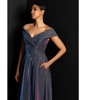 Xscape Off-the-Shoulder Short Sleeve Sweetheart Neck Thigh High Slit Pleated Glitter Ball Gown