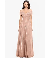 Xscape Off-the-Shoulder Short Sleeve Sweetheart Neck Thigh High Slit Pleated Glitter Ball Gown