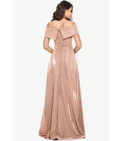 Xscape Off-the-Shoulder Short Sleeve Sweetheart Neck Thigh High Slit Pleated Glitter Ball Gown