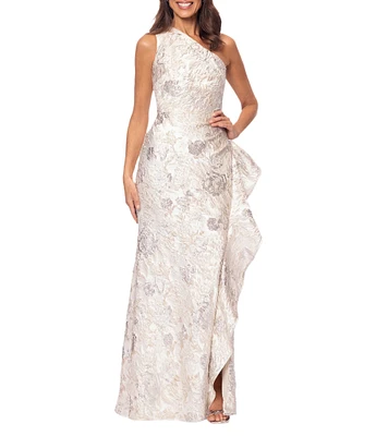 Xscape One Shoulder Cascading Side Ruffle Jacquard Sheath Gown