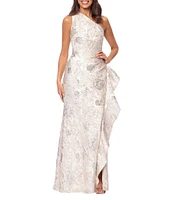 Xscape One Shoulder Cascading Side Ruffle Jacquard Sheath Gown