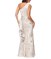 Xscape One Shoulder Cascading Side Ruffle Jacquard Sheath Gown