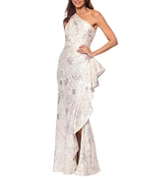 Xscape One Shoulder Cascading Side Ruffle Jacquard Sheath Gown