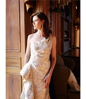 Xscape One Shoulder Cascading Side Ruffle Jacquard Sheath Gown
