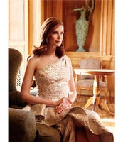 Xscape One Shoulder Cascading Side Ruffle Jacquard Sheath Gown