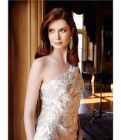 Xscape One Shoulder Cascading Side Ruffle Jacquard Sheath Gown