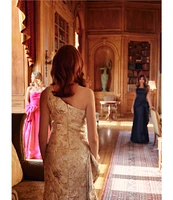 Xscape One Shoulder Cascading Side Ruffle Jacquard Sheath Gown