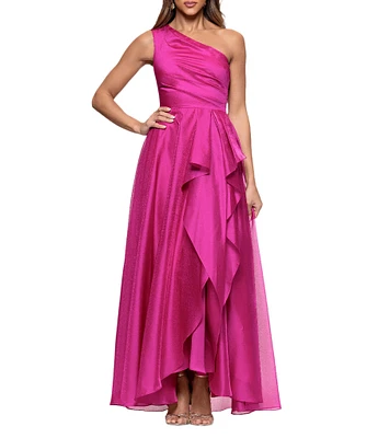 Xscape One Shoulder Cascading Side Ruffle Organza A-Line Dress