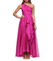 Xscape One Shoulder Cascading Side Ruffle Organza A-Line Dress