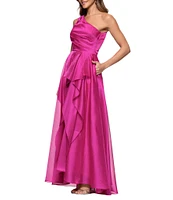 Xscape One Shoulder Cascading Side Ruffle Organza A-Line Dress