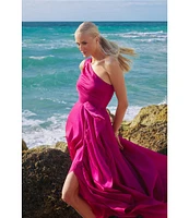 Xscape One Shoulder Cascading Side Ruffle Organza A-Line Dress