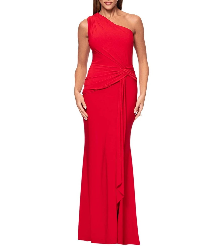 Xscape One Shoulder Neck Sleeveless Ruched Front Drape Sheath Gown