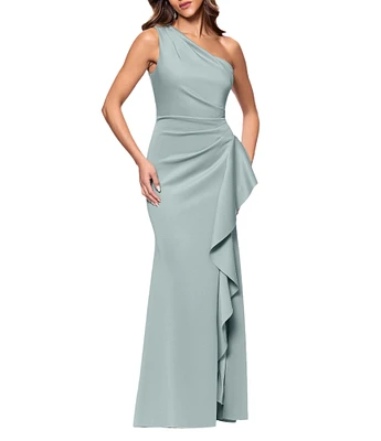 Xscape One Shoulder Side Ruffle Scuba Crepe Gown