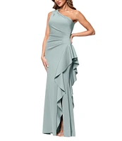 Xscape One Shoulder Side Ruffle Scuba Crepe Gown