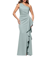 Xscape One Shoulder Side Ruffle Scuba Crepe Gown