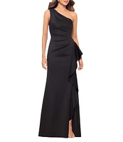 Xscape One Shoulder Side Ruffle Scuba Crepe Gown