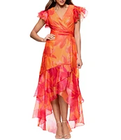 Xscape Organza Floral Print V-Neck Short Sleeve Ruffle A-Line Midi Dress