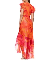Xscape Organza Floral Print V-Neck Short Sleeve Ruffle A-Line Midi Dress
