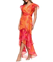 Xscape Organza Floral Print V-Neck Short Sleeve Ruffle A-Line Midi Dress
