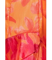 Xscape Organza Floral Print V-Neck Short Sleeve Ruffle A-Line Midi Dress