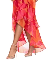 Xscape Organza Floral Print V-Neck Short Sleeve Ruffle A-Line Midi Dress