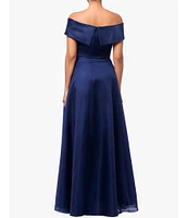 Xscape Organza Off The Shoulder Short Sleeve Side Pocket Pleated Gown