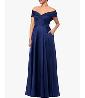 Xscape Organza Off The Shoulder Short Sleeve Side Pocket Pleated Gown