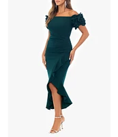 Xscape Petite Size 3D Ruffle Off-the-Shoulder Ruffle Front Ruched Detail Midi Dress