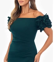 Xscape Petite Size 3D Ruffle Off-the-Shoulder Ruffle Front Ruched Detail Midi Dress