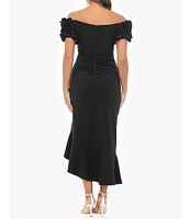 Xscape Petite Size 3D Ruffle Off-the-Shoulder Ruffle Front Ruched Detail Midi Dress