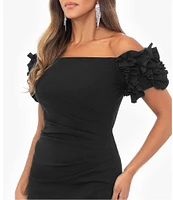 Xscape Petite Size 3D Ruffle Off-the-Shoulder Ruffle Front Ruched Detail Midi Dress