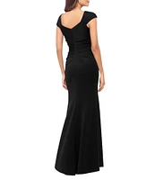 Xscape Petite Size Asymmetrical Neck Short Sleeve Sheath Gown