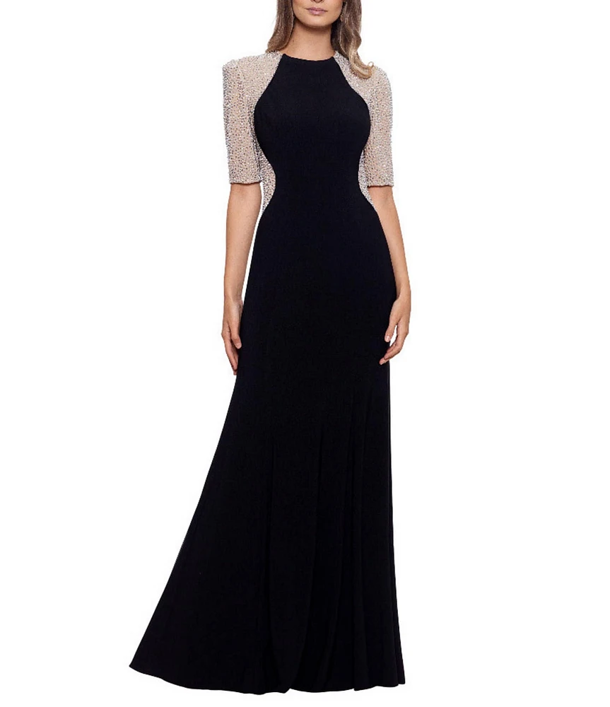 Xscape Petite Size Beaded Mesh Short Sleeve Sheath Gown