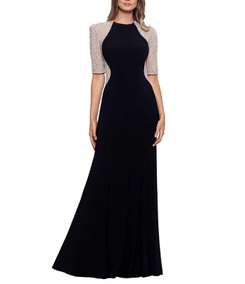 Xscape Petite Size Beaded Mesh Short Sleeve Sheath Gown