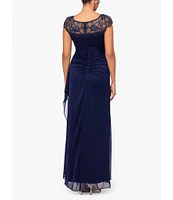 Xscape Petite Size Beaded Yoke Cap Sleeve Illusion Round Neck Ruched Cascade Ruffle Side Gown