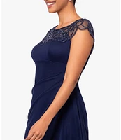 Xscape Petite Size Beaded Yoke Cap Sleeve Illusion Round Neck Ruched Cascade Ruffle Side Gown