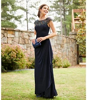 Xscape Petite Size Beaded Yoke Cap Sleeve Illusion Round Neck Ruched Cascade Ruffle Side Gown