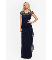 Xscape Petite Size Beaded Yoke Cap Sleeve Illusion Round Neck Ruched Cascade Ruffle Side Gown