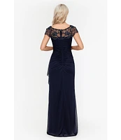 Xscape Petite Size Beaded Yoke Cap Sleeve Illusion Round Neck Ruched Cascade Ruffle Side Gown