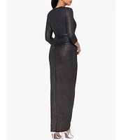 Xscape Petite Size Foil Knit V-Neck Long Sleeves Side Ruched Sheath Dress