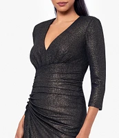 Xscape Petite Size Foil Knit V-Neck Long Sleeves Side Ruched Sheath Dress