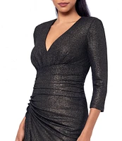 Xscape Petite Size Foil Knit V-Neck Long Sleeves Side Ruched Sheath Dress