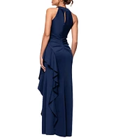 Xscape Petite Size Halter Neck Ruffle Tech Scuba Gown