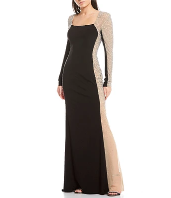 Xscape Petite Size Long Sleeve Square Neck Caviar Beaded Mesh Panels Sheath Gown