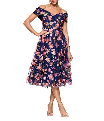 Xscape Petite Size Off-The-Shoulder Portrait Collar A-Line Dress