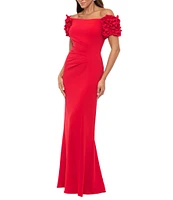 Xscape Petite Size Off-The-Shoulder Ruffle Sleeve Ruched Waist Scuba Crepe Gown