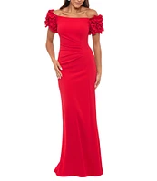 Xscape Petite Size Off-The-Shoulder Ruffle Sleeve Ruched Waist Scuba Crepe Gown