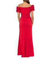 Xscape Petite Size Off-The-Shoulder Ruffle Sleeve Ruched Waist Scuba Crepe Gown