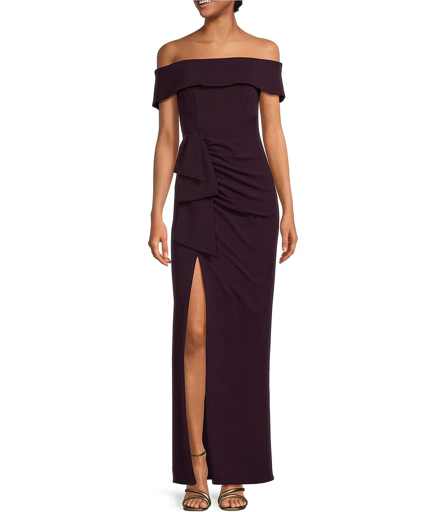 Xscape Petite Size Off-the-Shoulder Sleeveless Ruched Side Long Scuba Dress