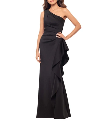 Xscape Petite Size One Shoulder Side Ruffle Scuba Crepe Gown